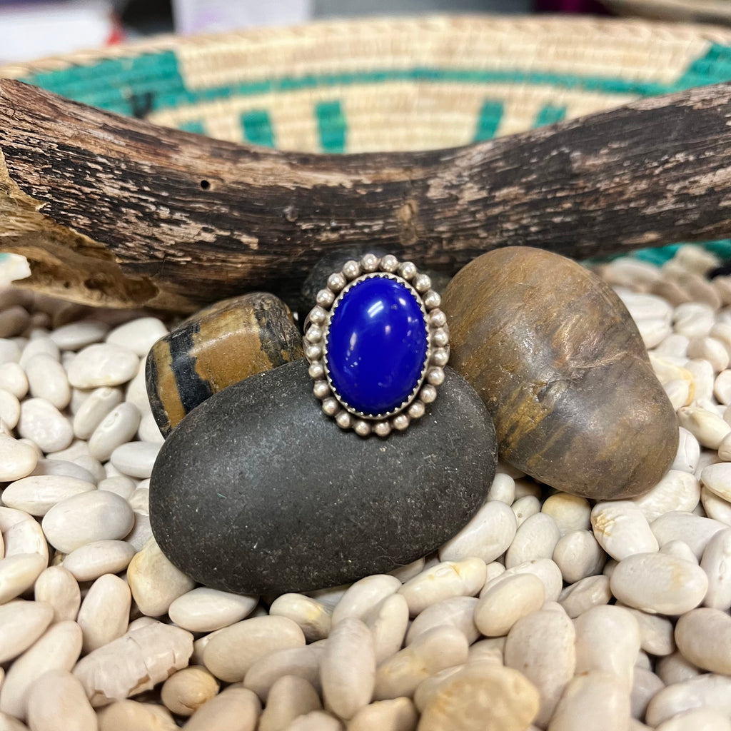 Oval Lapis Genuine Ring W/ Sterling Ball Detail