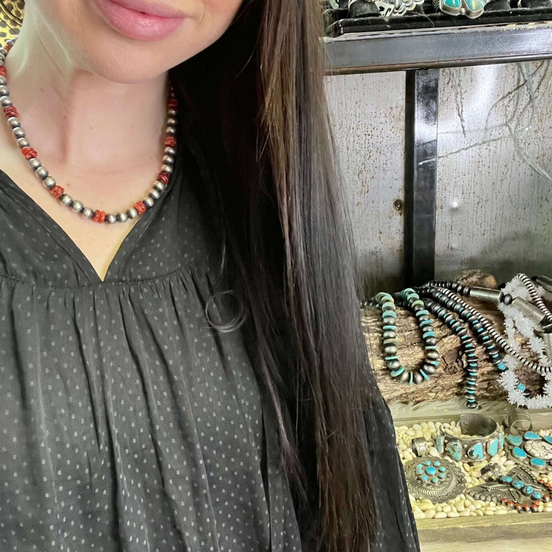 16 inch 8mm Navajo Pearl and Red Sterling Silver Necklace - Country Lace Boutique