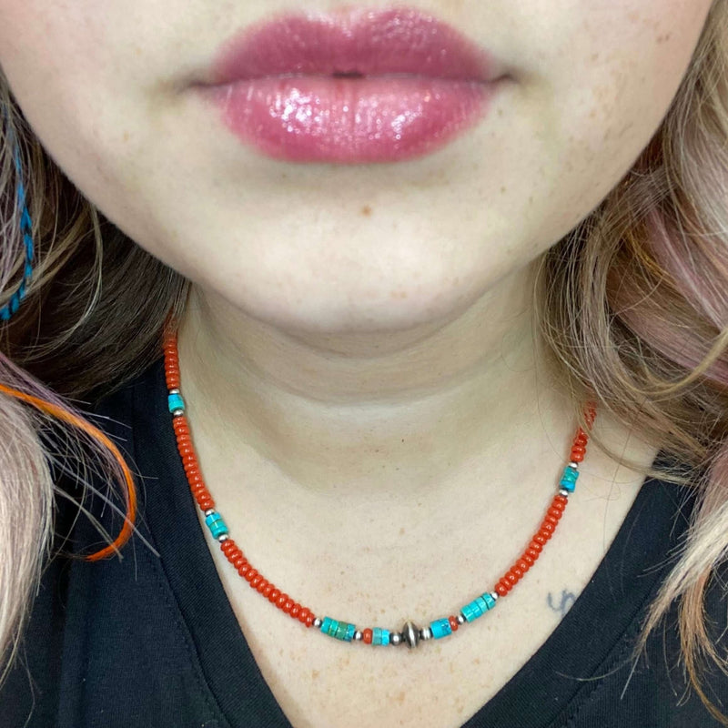 16 inch Red & Turquoise Sterling Silver Necklace - Country Lace Boutique