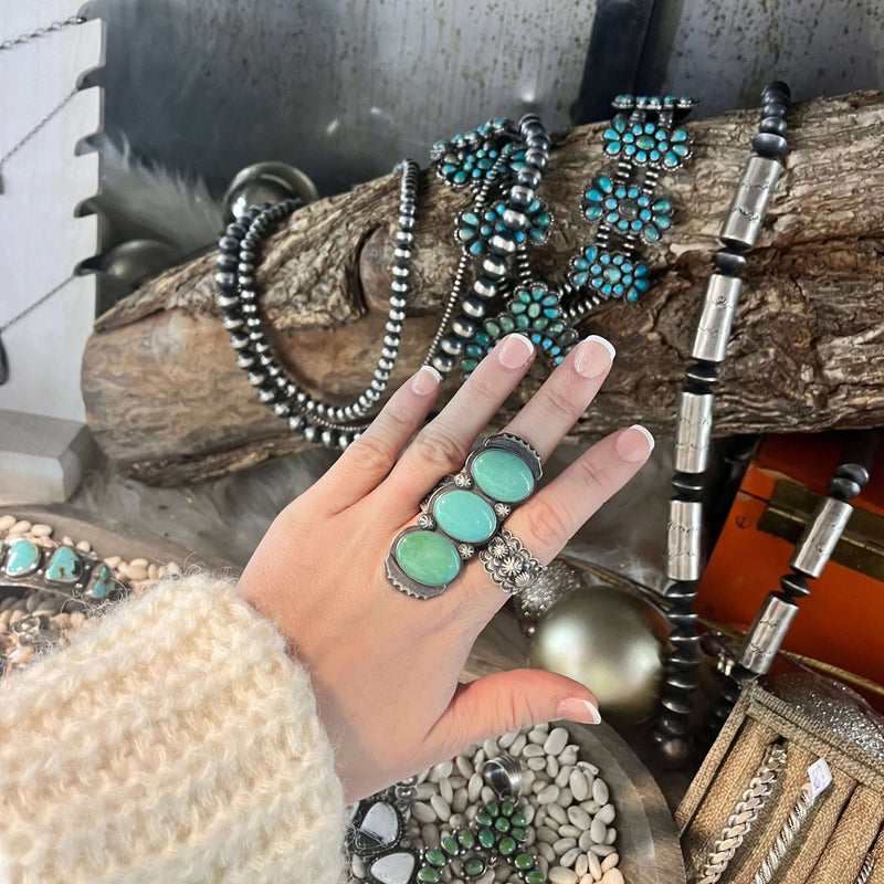 3 Stone Green Turquoise Long Sterling Silver Ring - Country Lace Boutique