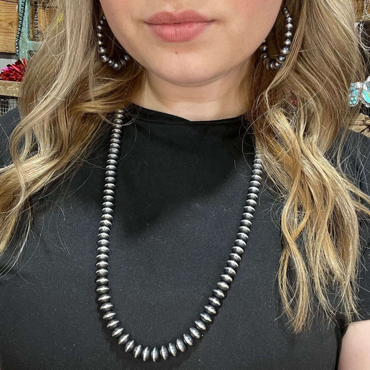 30 inch 9mm Saucer Sterling Silver Navajo Pearl Necklace - Country Lace Boutique