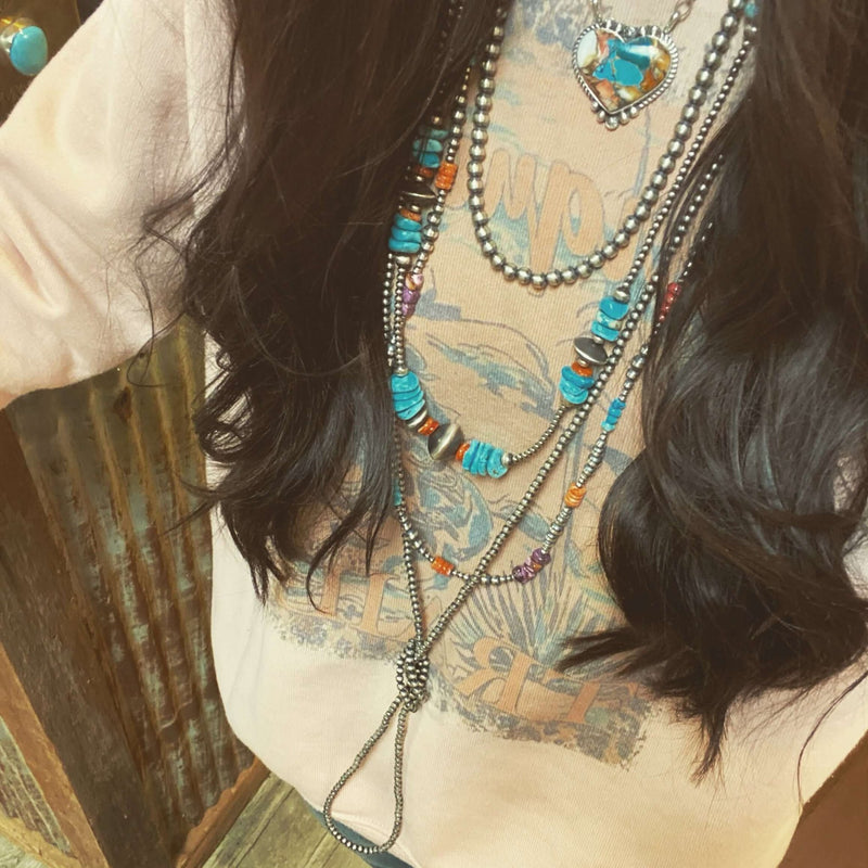 31 inch Spiny Oyster Turquoise Navajo Pearl Sterling Silver Necklace - Country Lace Boutique