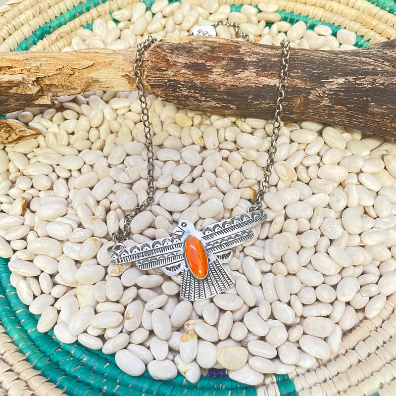 Orange Spiny Thunderbird and Sterling Silver Genuine Necklace