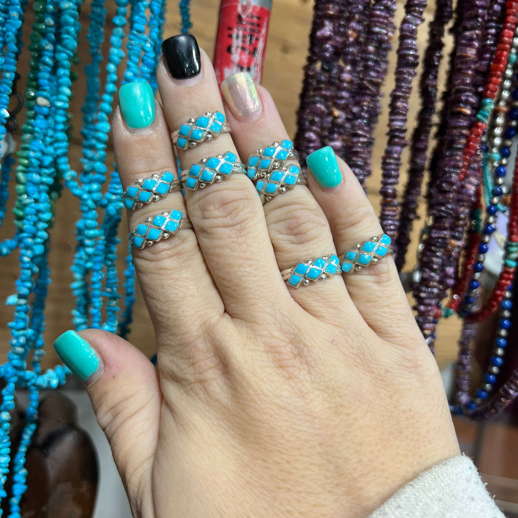 6 Stone Diamond Shape Zuni Genuine Turquoise Ring1