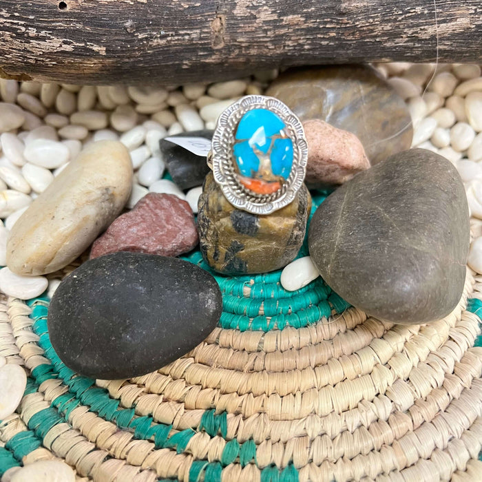 Mixed Turquoise & Orange Spiny Oval Sterling Silver Ring W/ Sterling Detail | size 9