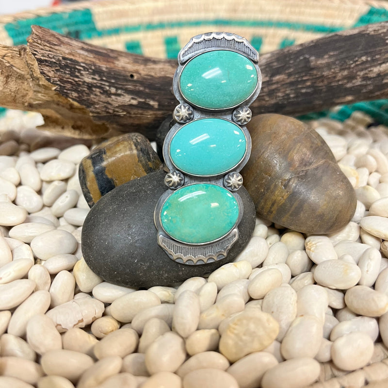 3 Stone Green Turquoise Long Genuine Ring