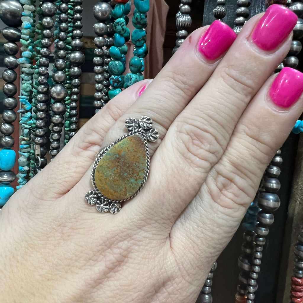 Green & Brown Turquoise Teardrop Genuine Ring