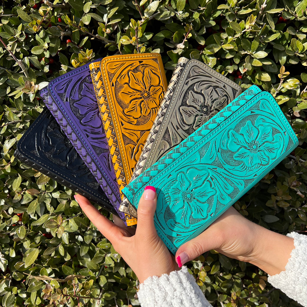 Mustard Yellow Tooled Trifold Leather Wallet - Country Lace Boutique