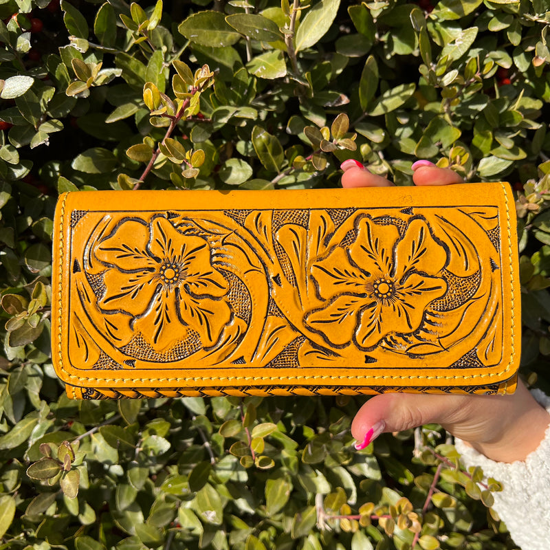 Mustard Yellow Tooled Trifold Leather Wallet