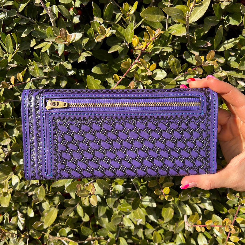 Purple Tooled Trifold Leather Wallet