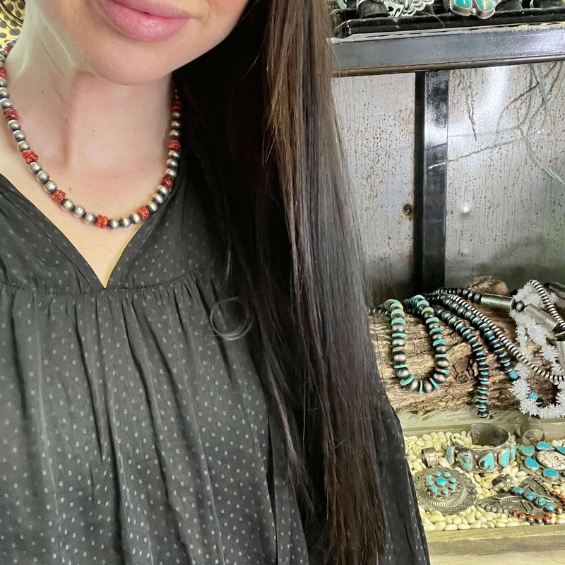 16 inch 8mm Navajo Pearl and Red Sterling Silver Necklace