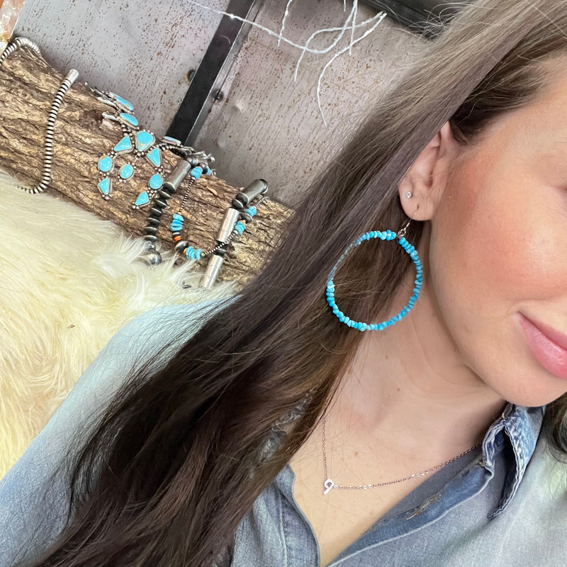Round Blue Turquoise Chip Hoop Genuine Earring
