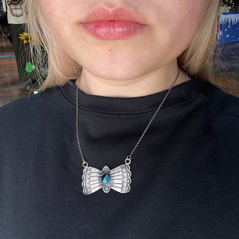 19 inch Stamped Wings with Single Kingman Turquoise Stone Genuine Necklace