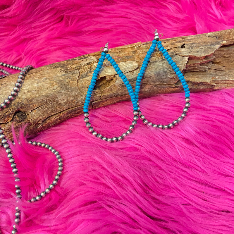 Bright Turquiose & Navajo Pearl Large Teardrop Genuine Hoop Earrings - Country Lace Boutique