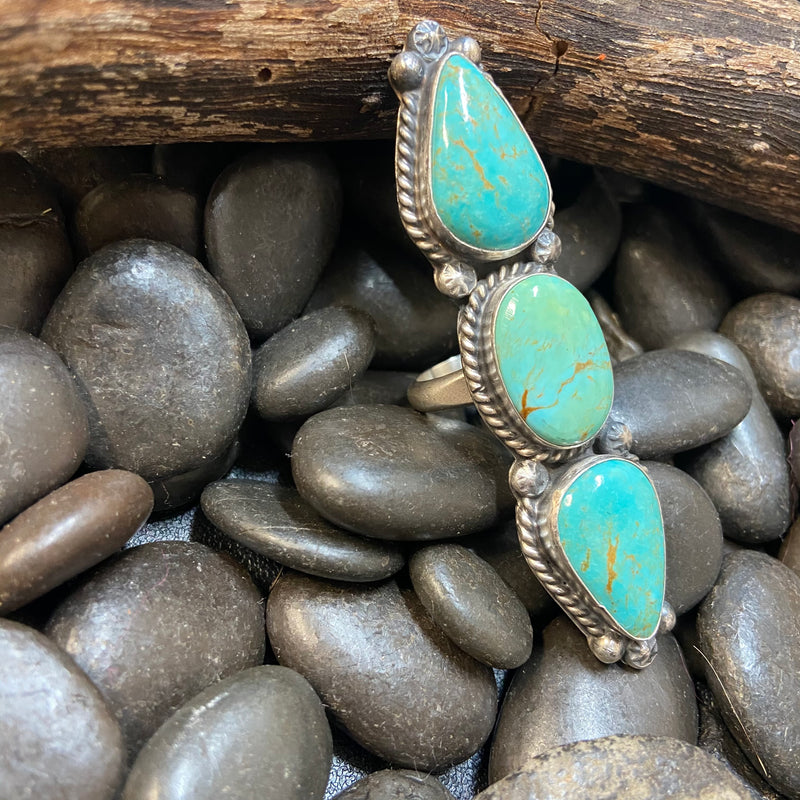 Big Turquoise 3 Stone Genuine Adjustable Ring