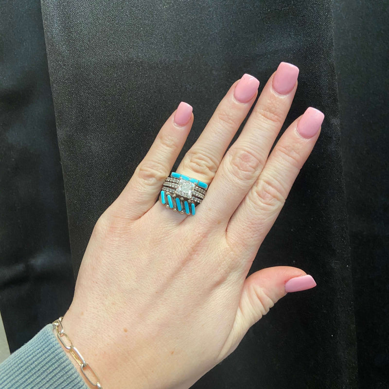 Blue Raised Turquoise 4 Inlay Genuine Sterling Silver Stacker Ring No - Country Lace Boutique
