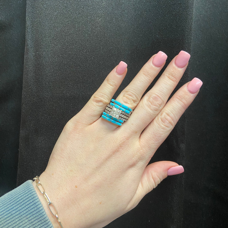 Blue Raised Turquoise 4 Inlay Genuine Sterling Silver Stacker Ring