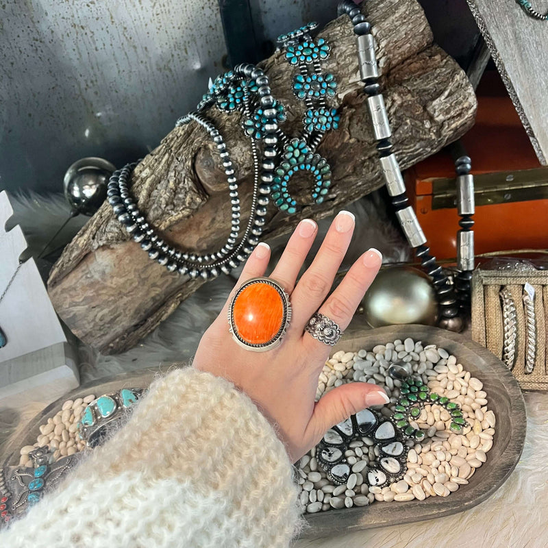 Oval Orange Spiny Genuine Ring Adjustable - Country Lace Boutique