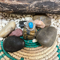 Single Turquoise Stone Genuine Ring W/ Flower Detail size 8.599