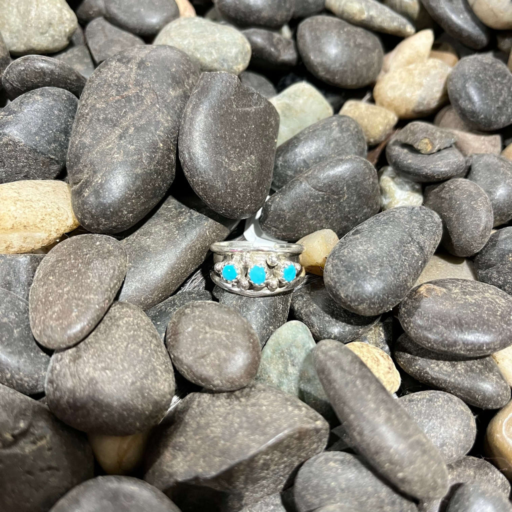 Three Stone Turquoise Thick Band Genuine Ring2