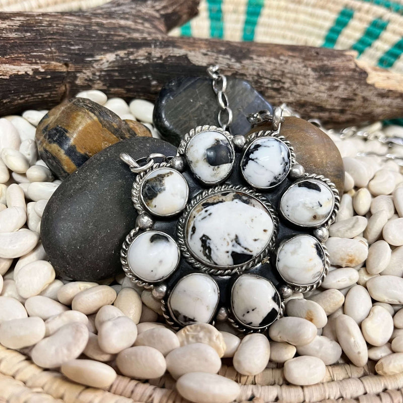 Authentic Cluster White Buffalo 9 Stone Statement Sterling Silver Necklace - Country Lace Boutique