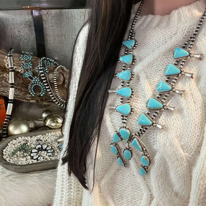 Huge Kingman Turquoise Squash Blossom Sterling Silver Necklace