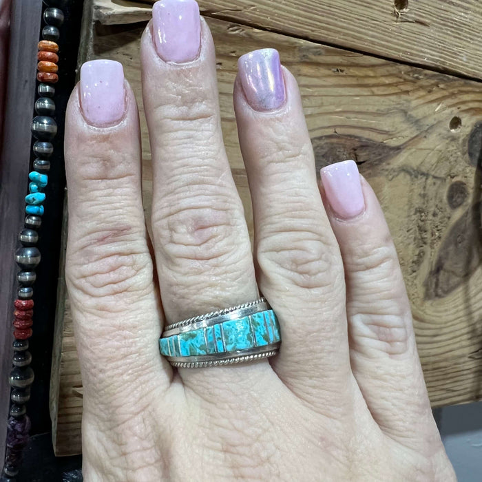 Zuni Inlay Graduated Turquoise Sterling Silver Ring / Size 13.5
