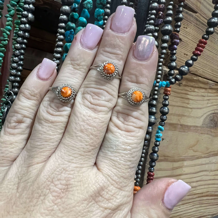 Orange Spiny Round Sterling Silver Ring size 4.75