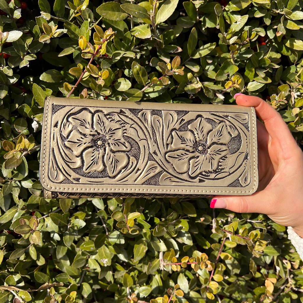 Gold Tooled Trifold Leather Wallet - Country Lace Boutique