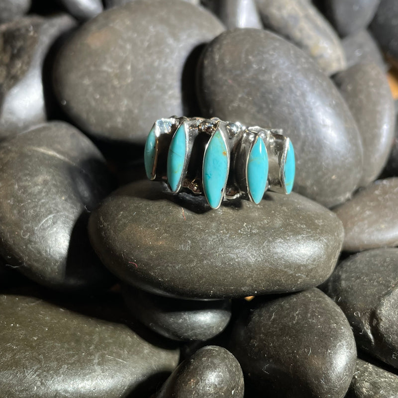 5 Stone Marquis Genuine Turquoise Sterling Silver Ring - Country Lace Boutique
