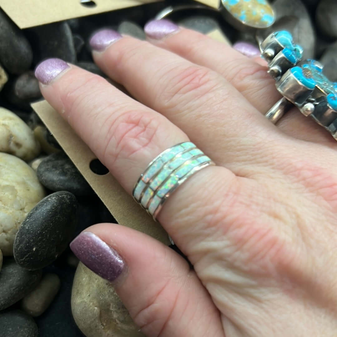 Opal ring 3 row inlay Sterling Silver Ring size 7