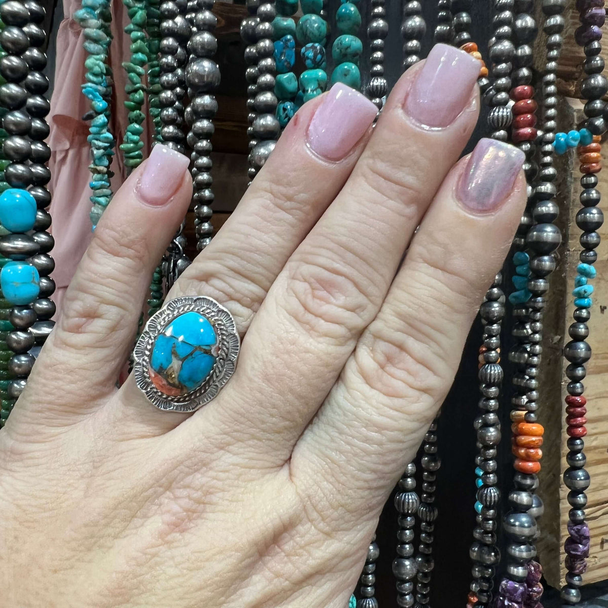 Mixed Turquoise & Orange Spiny Oval Sterling Silver Ring W/ Sterling Detail | size 9