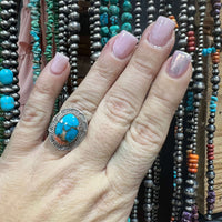 Mixed Turquoise & Orange Spiny Oval Sterling Silver Ring W/ Sterling Detail | size 9