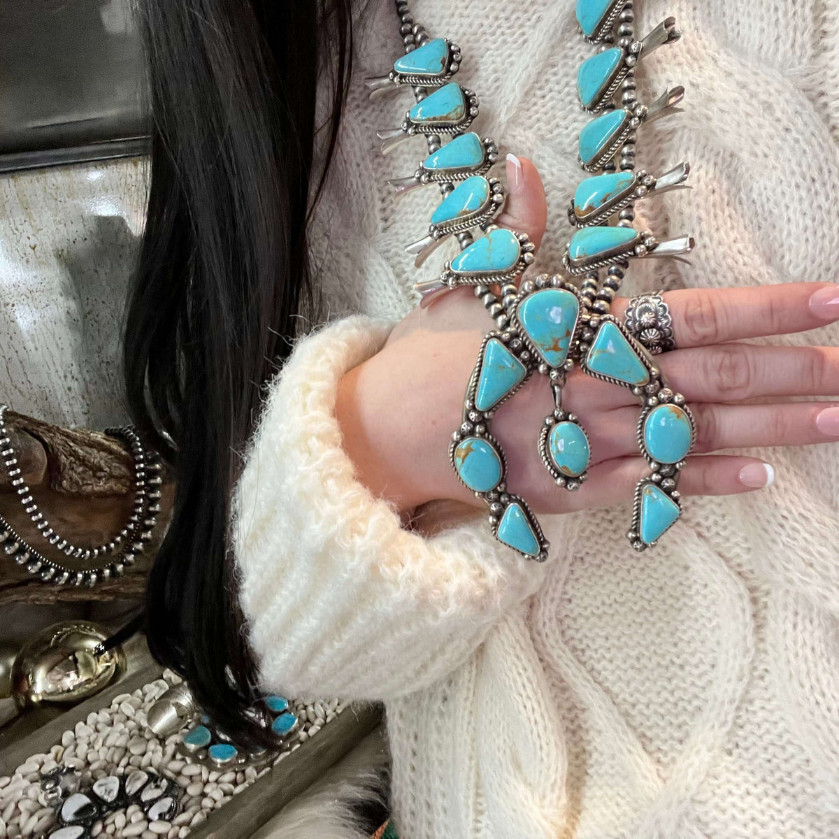 Huge Kingman Turquoise Squash Blossom Sterling Silver Necklace