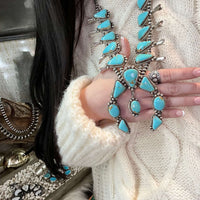 Huge Kingman Turquoise Squash Blossom Sterling Silver Necklace