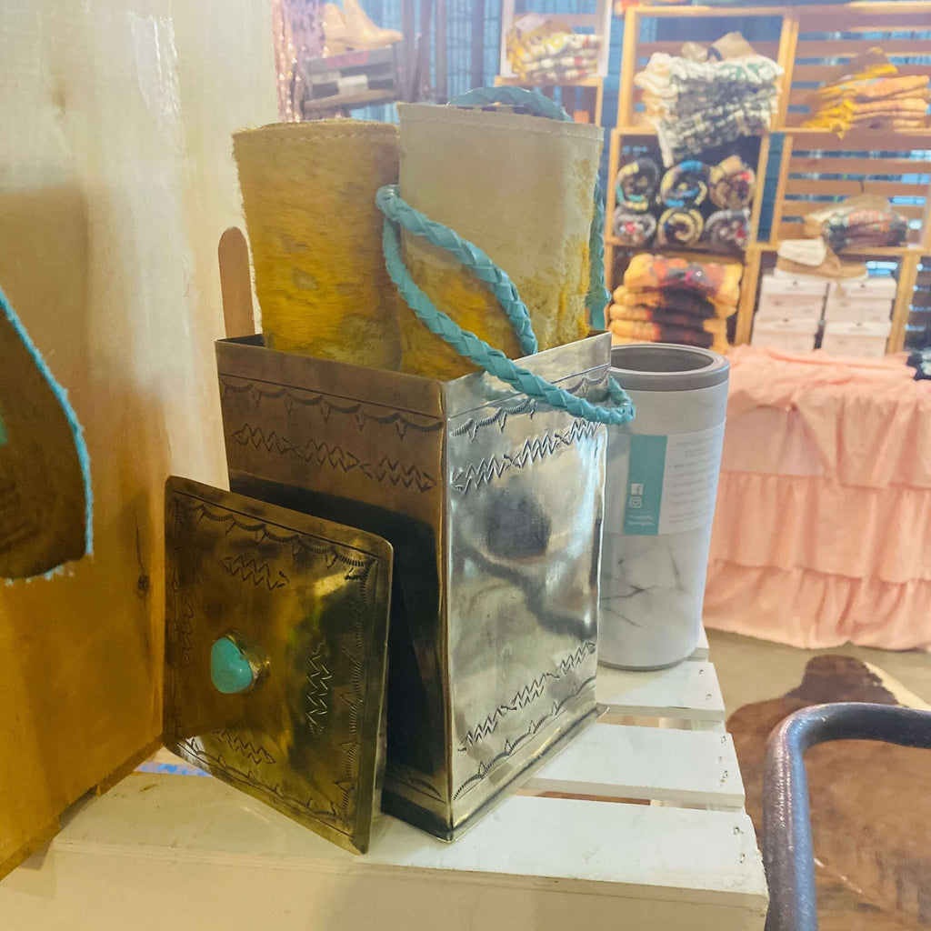 Stamped large Silver canister with Turquoise Stones - Country Lace Boutique