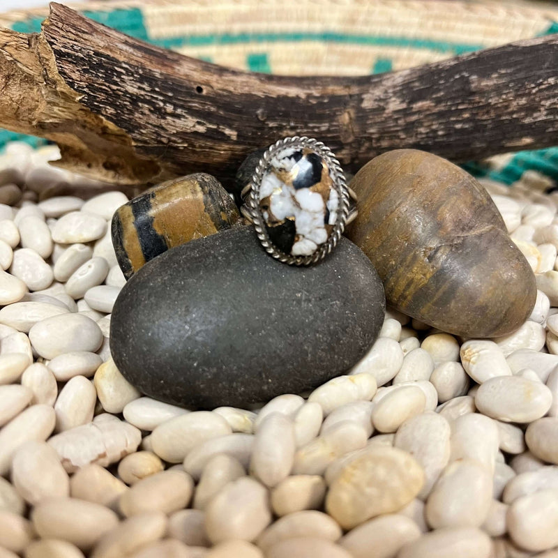 White Buffalo & Bronze Oval Sterling Silver Ring W/ Rope Braiding - Country Lace Boutique